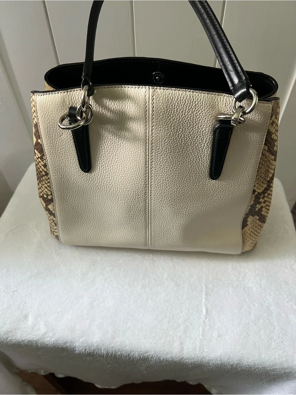 Coach Cream Pebble Leather Satchel with Black Handles and Snake-Print Trim